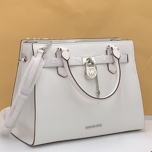 Michael Kors Hamilton Medium Leather Satchel Optic White NWT - Picture 3 of 16